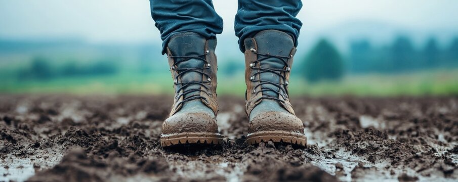 civil war rebellion concept. A person stands in muddy terrain, wearing sturdy boots, highlighting a connection to nature and outdoor activities.