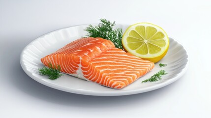 Fresh Salmon Fillet with Lemon and Dill on White Plate