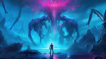 Obraz premium Neon Guardian: Mech's Last Stand on the Alien Frontier