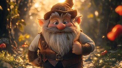 A cheerful gnome with a beard and hat walks through a sunlit forest path.