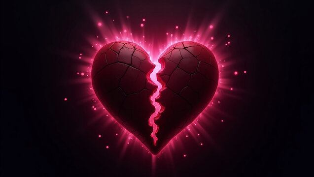neon pink shattered and splattered heartbroken with glowing edges, heartbreak  with cracks emo on a black background for wallpaper screensaver,digital wallpaper, breakup	