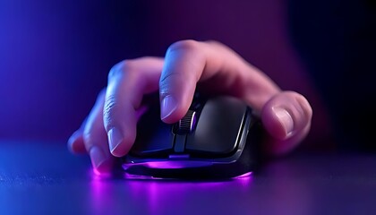 hand is using a black computer mouse. The background has a purple glow. It shows digital interaction.