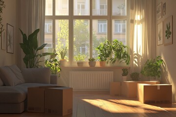 Fototapeta premium Cozy living room interior soft natural light large windows