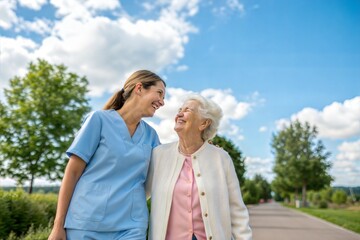 Fototapeta premium Joyful Caregiver Assisting Elderly Woman Outdoors 
