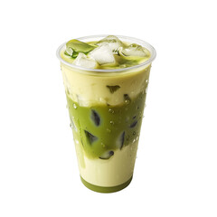 A tall plastic to go or takeaway cup mock up filled with a creamy iced matcha latte and ice cubes, set against transparent background. Perfect for illustrating refreshing beverages and tea concepts.