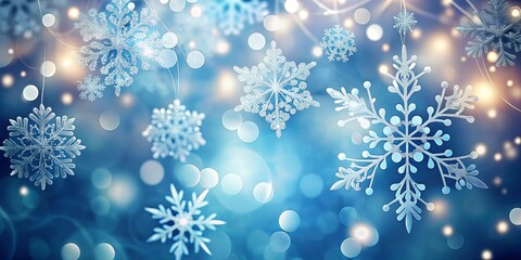 Festive Winter Scene with Delicate Snowflake Ornaments Hanging Against a Sparkling Blue Background