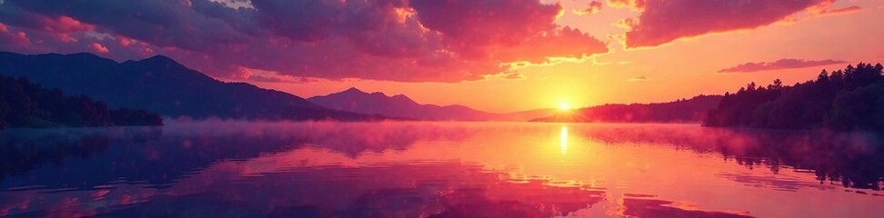 Fototapeta premium A kaleidoscope of oranges and purples swirls above a tranquil lake at sunset, water, colors,