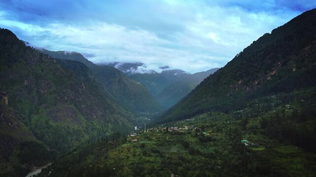 Beautiful drone shot of mountains of parvati valley in Himachal Pradesh, India