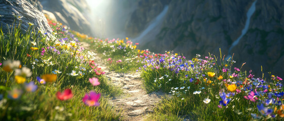 A narrow path leads up to the top of some mountains, with wildflowers growing on both sides and sunlight shining down from behind, generative AI