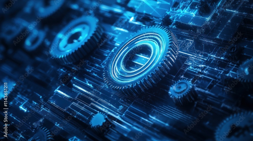 Poster futuristic gears, blue technology, digital background with interconnected mechanisms and circuits re
