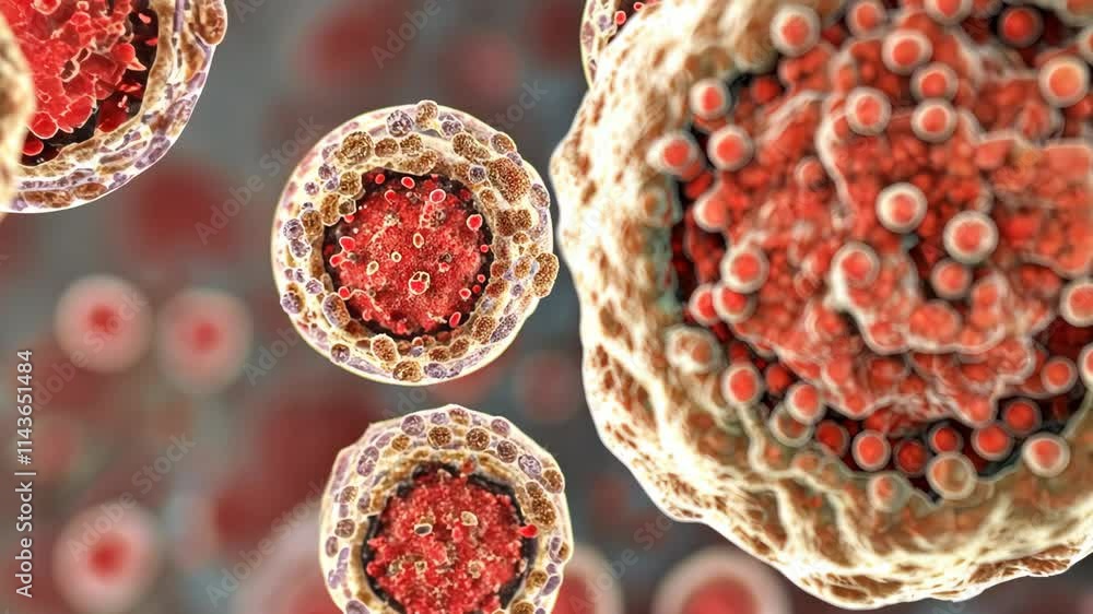 Poster closeup view of abstract red and black cellular structure with circular patterns