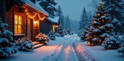 Alberello decorated with lights and ornaments, icy, evergreen