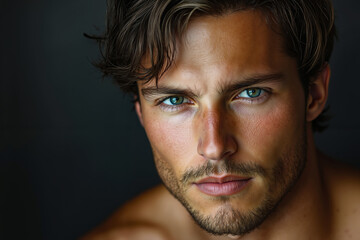 Fototapeta premium A close up of a man with blue eyes looking at the camera