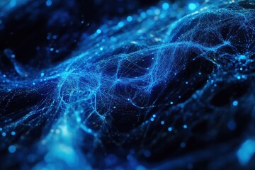 Glowing blue fiber optic strands abstract digital network flowing light trails