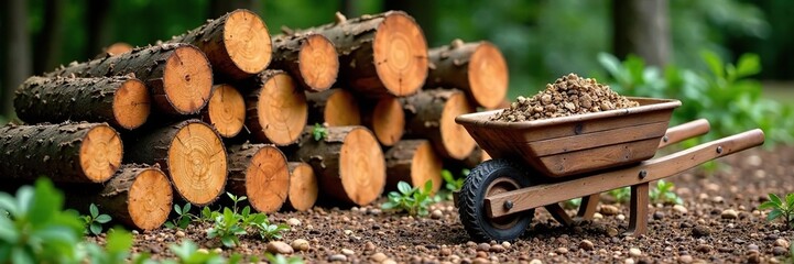 A log pile with logs stacked around a wooden wheelbarrow,, forestry supplies