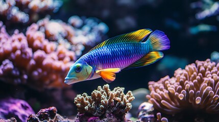Obraz premium A vibrant fish swimming among colorful coral in a marine environment.