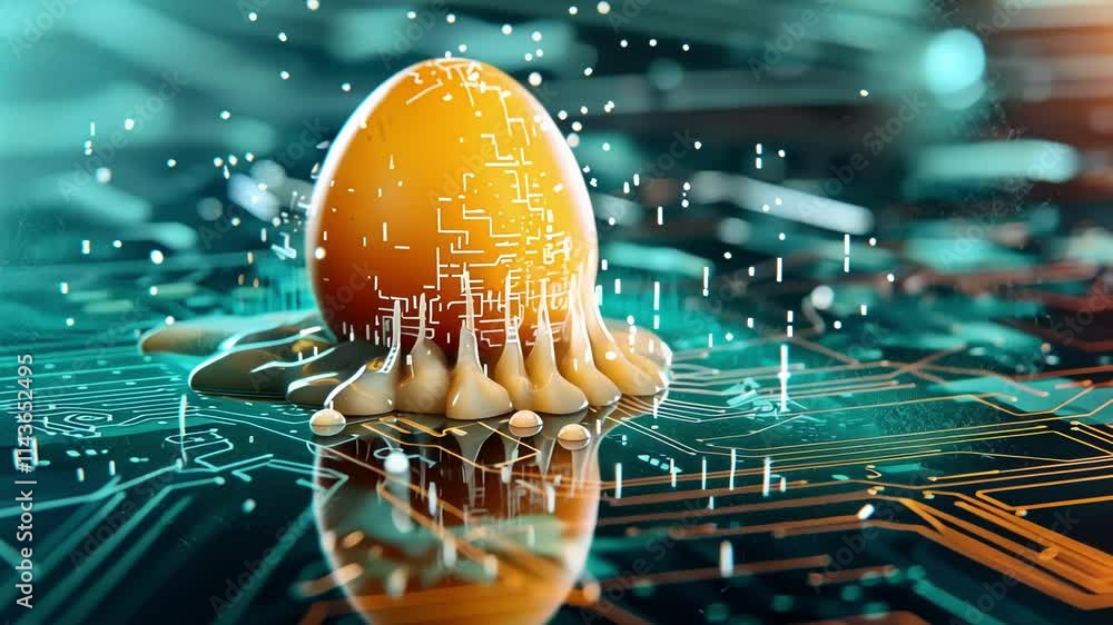 Aufkleber orange egg with electronic circuits cracking on a motherboard, generating a splash of data and innov