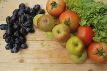 fruits and vegetables on wooden table