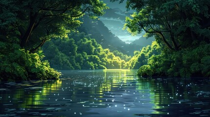 Obraz premium Lush green forest landscape with a flowing river and the reflection of the trees on the calm serene water The image evokes a sense of tranquility peace and a connection with nature
