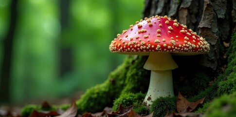 Fototapeta premium Amanita muscaria cap covered in bright red spots against a dark green background of the tree trunk, fly agaric, nature, forest