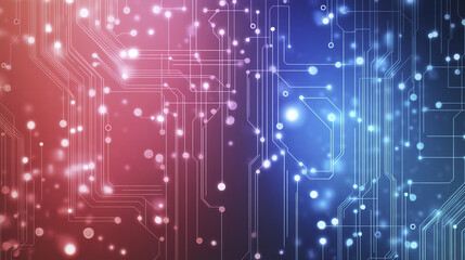 Colorful circuit board design with red and blue lights creating vibrant atmosphere