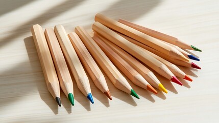 Obraz premium A collection of colored pencils arranged neatly on a light surface.