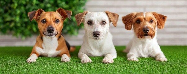 Obraz premium dog friendly hotels concept. A minimalist scene featuring a black dog sitting beside a potted plant against a coral wall, with a green fence in the background.