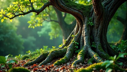 An ancient, gnarled tree with vines and moss covering its trunk, rustic, tree, moss