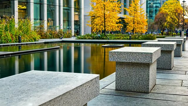 Urban Scene with Concrete Blocks and Autumn Foliage in Modern City Park