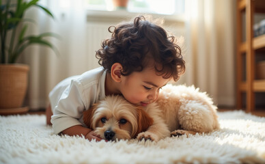 Adorable child lying on a soft carpet cuddling with a fluffy dog in a cozy, sunlit living room, creating a heartwarming moment of love and friendship