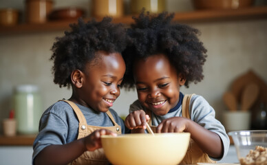 Two happy dark-skinned twins mix ingredients in a bowl while baking together in a cozy kitchen, sharing fun and joy in warm natural light