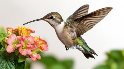 Fototapeta premium A vibrant hummingbird hovering near colorful flowers, showcasing its iridescent feathers and delicate beauty in nature.
