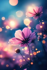 Pink Cosmos Flowers Illuminated by Magical Lights