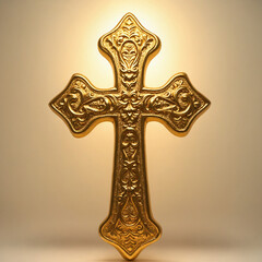 Ornate golden cross illuminated against a soft background, decorative style, copy space