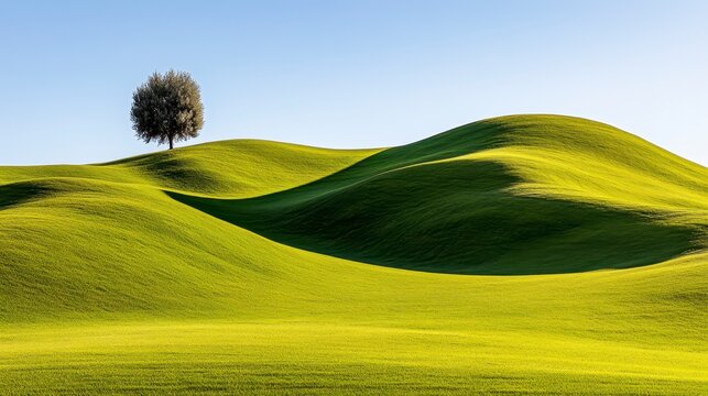 A serene landscape featuring rolling green hills under a clear blue sky, with a solitary tree adding a focal point to the tranquil scene.