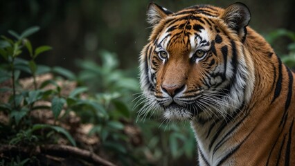 Obraz premium Close-up of a majestic tiger in a natural habitat with lush greenery in the background