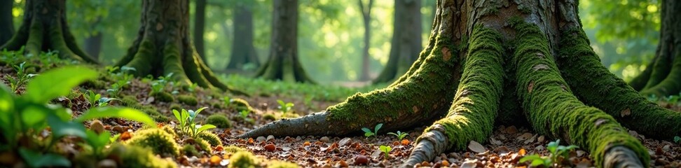 ancient wooden tree trunks with moss and lichen, tree trunks, forest floor