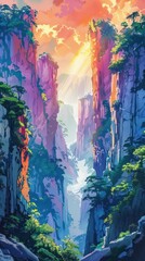 Naklejka premium Enchanting Mountainous Landscape with Cascading Waterfalls and Lush Jungle Foliage A captivating digital depicting a serene and fantastical natural environment featuring towering cliffs