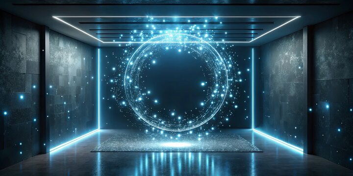 Futuristic Portal in a Dark Room with Glowing Particles and Neon Lights
