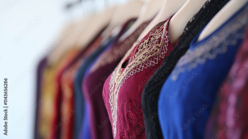 Poster a vibrant display of elegantly designed dresses hangs on mannequins, showcasing intricate patterns a
