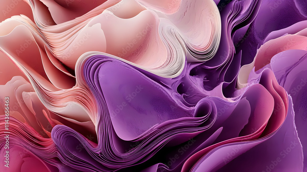 Poster pink and purple 3d waves arranged to create a multicolored abstract background. 3d render with copy-