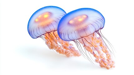 Two vibrant jellyfish swim gracefully, showcasing their translucent bodies and flowing tentacles against a clean white background.