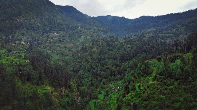 Beautiful drone shot of mountains of parvati valley in Himachal Pradesh, India	