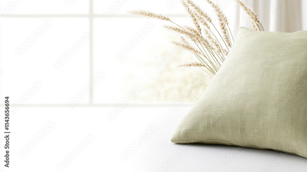 Poster a soft green pillow rests on a table beside a window, complemented by delicate dried grass, creating