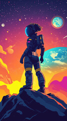 Female Astronaut in Spacesuit Standing on Unknown Planet with Alien Landscape