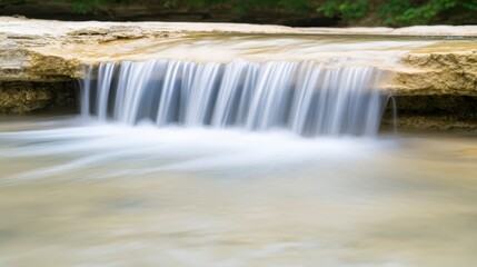 Fototapeta premium A serene waterfall cascades over smooth rocks, creating a tranquil scene amidst lush greenery.