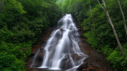 Obraz premium A serene waterfall cascades down rocky cliffs, surrounded by lush green foliage, creating a tranquil natural scene.