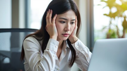 Woman Experiencing Stress in Modern Office, Holding Temples, Symbolizing Workplace Challenges and Emotional Strain
