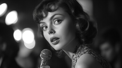 Obraz premium 40s woman at a jazz club. her face looks like the picture was taken mid-sentence whiel she is talking