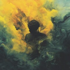 Silhouette in Abstract Clouds: A solitary figure, shrouded in a swirling, abstract cloud of vibrant yellow and deep blue, evokes a sense of mystery, introspection, and the passage of time.